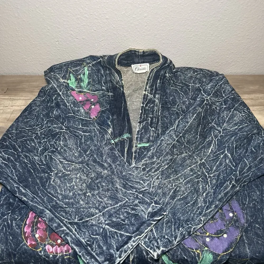Vtg Christie Of California Denim Jacket Hand Painted Acid Washed Art to Wear 14